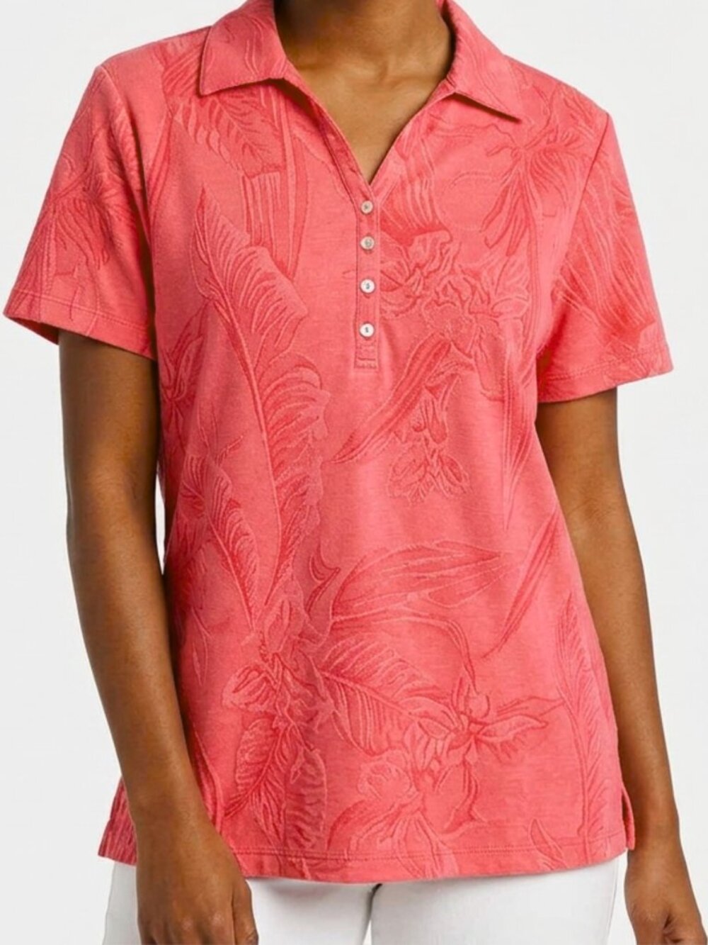 Caribbean Joe blouse top size 1X short sleeve V neck collar pullover pink floral